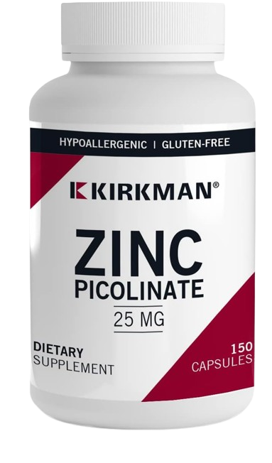 Kirkman – Zinc Picolinate 25 mg - Hypoallergenic – 150 Vegetarian Capsules – Gluten Free – Casein Free – Minerals G