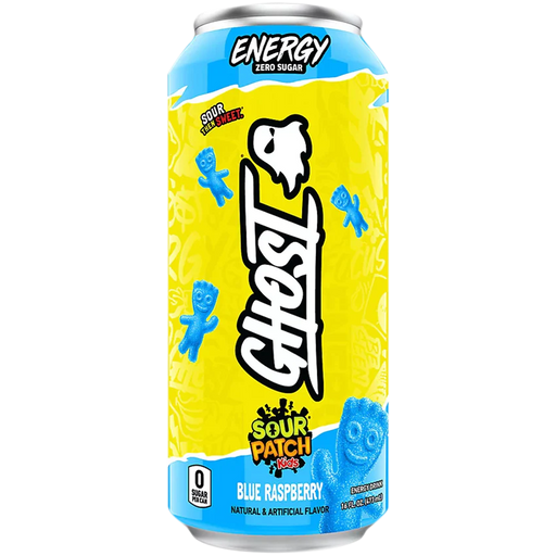 GHOST Energy Drink- Zero Sugar - SOUR PATCH KIDS BLUE RASPBERRY (12 Drinks, 16 Fl Oz. Each)