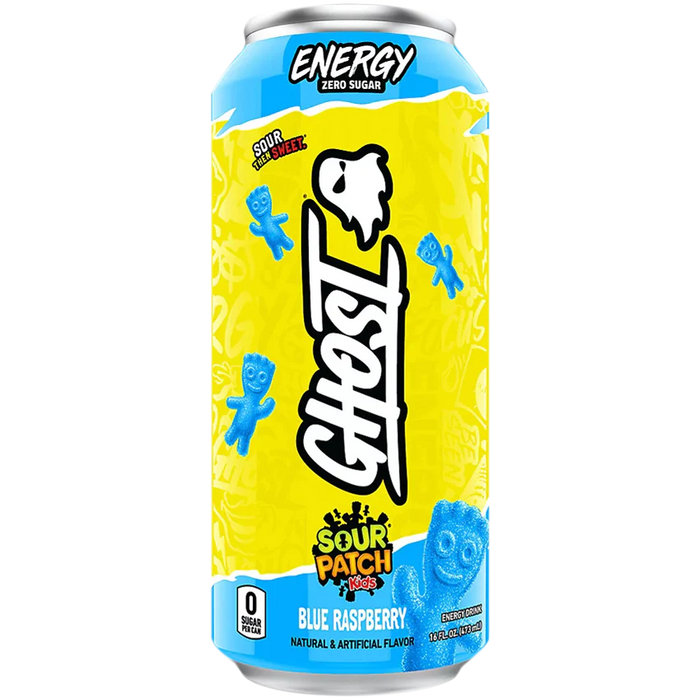 GHOST Energy Drink- Zero Sugar - SOUR PATCH KIDS BLUE RASPBERRY (12 Drinks, 16 Fl Oz. Each)